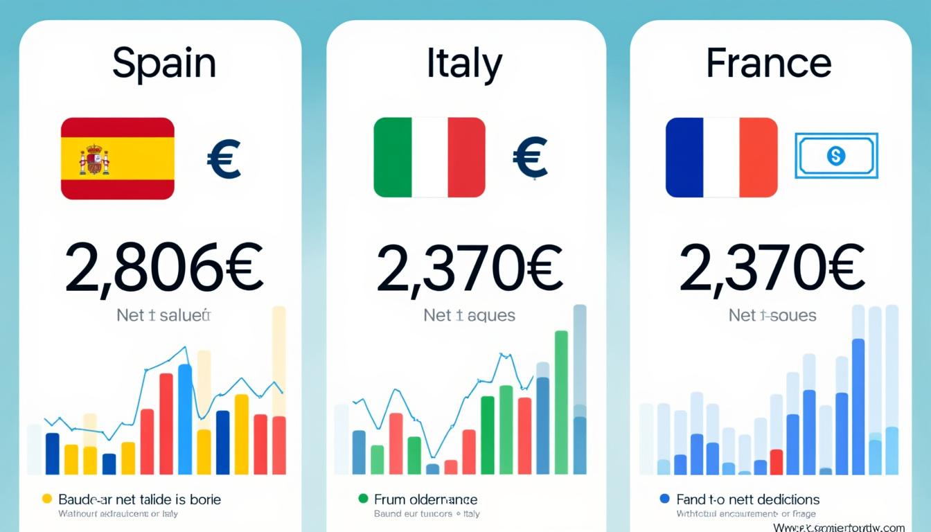 découvrez à travers des infographies détaillées pourquoi un salaire brut de 3 000 € se traduit par des salaires nets différents : 2 806 € en espagne, 2 724 € en italie, et seulement 2 370 € en france, en analysant les contributions sociales et fiscales propres à chaque pays.